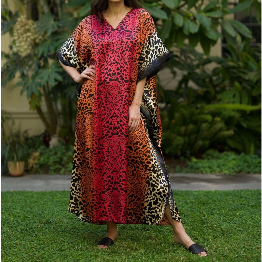 CARESS RED LEOPARD MIX S-4XL LOUNGE COVERUP ROBE GOWN RESORT MAXI DRESS KAFTAN